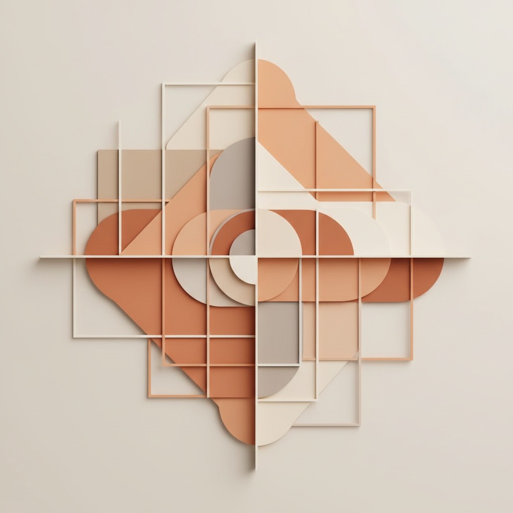 Una composizione astratta a rilievo geometrica sui toni del beige, terracotta e marrone chiaro, montata su una parete neutra.
