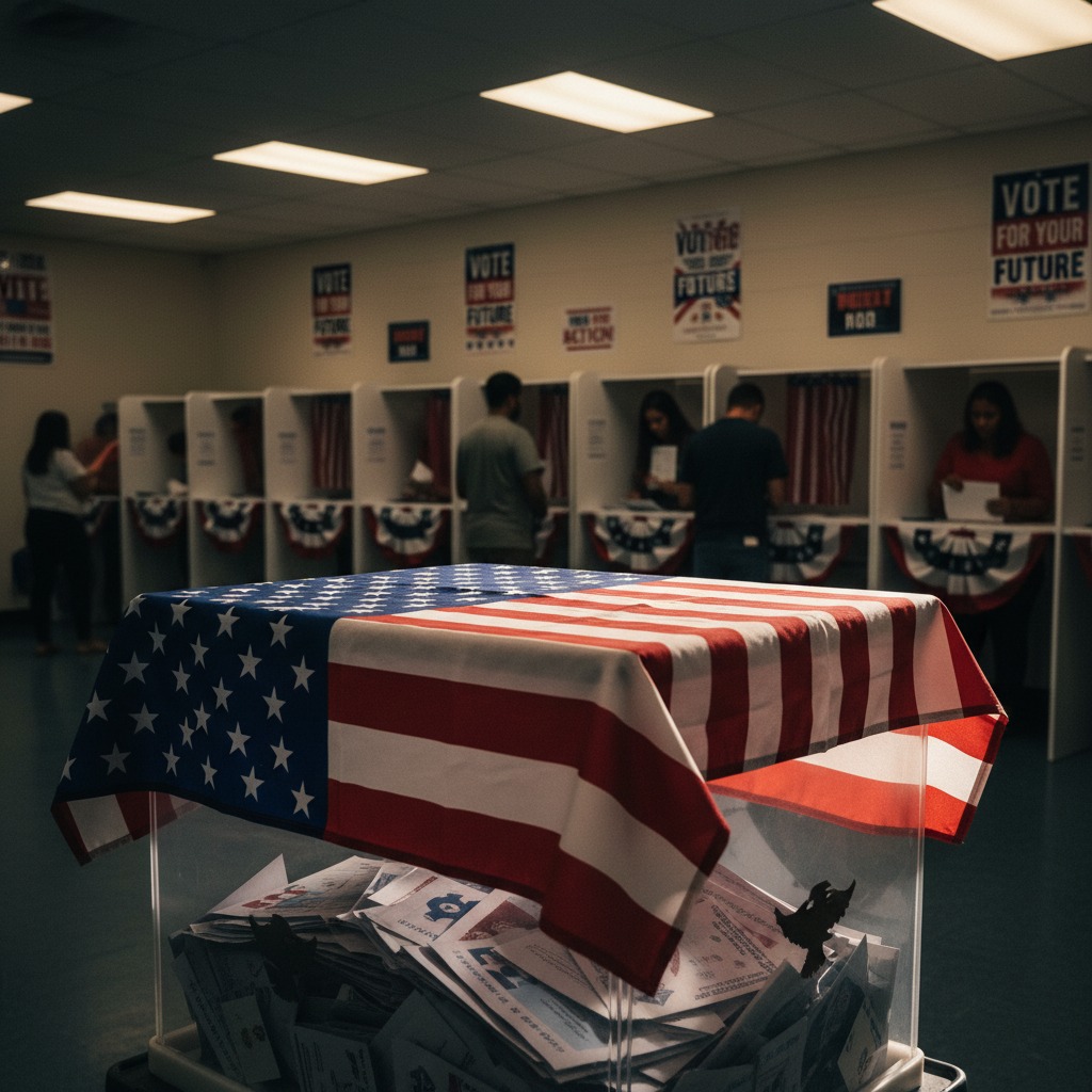 Un'urna elettorale trasparente coperta da una bandiera americana si trova in primo piano in un seggio elettorale, con elettori che votano nelle cabine sullo sfondo.